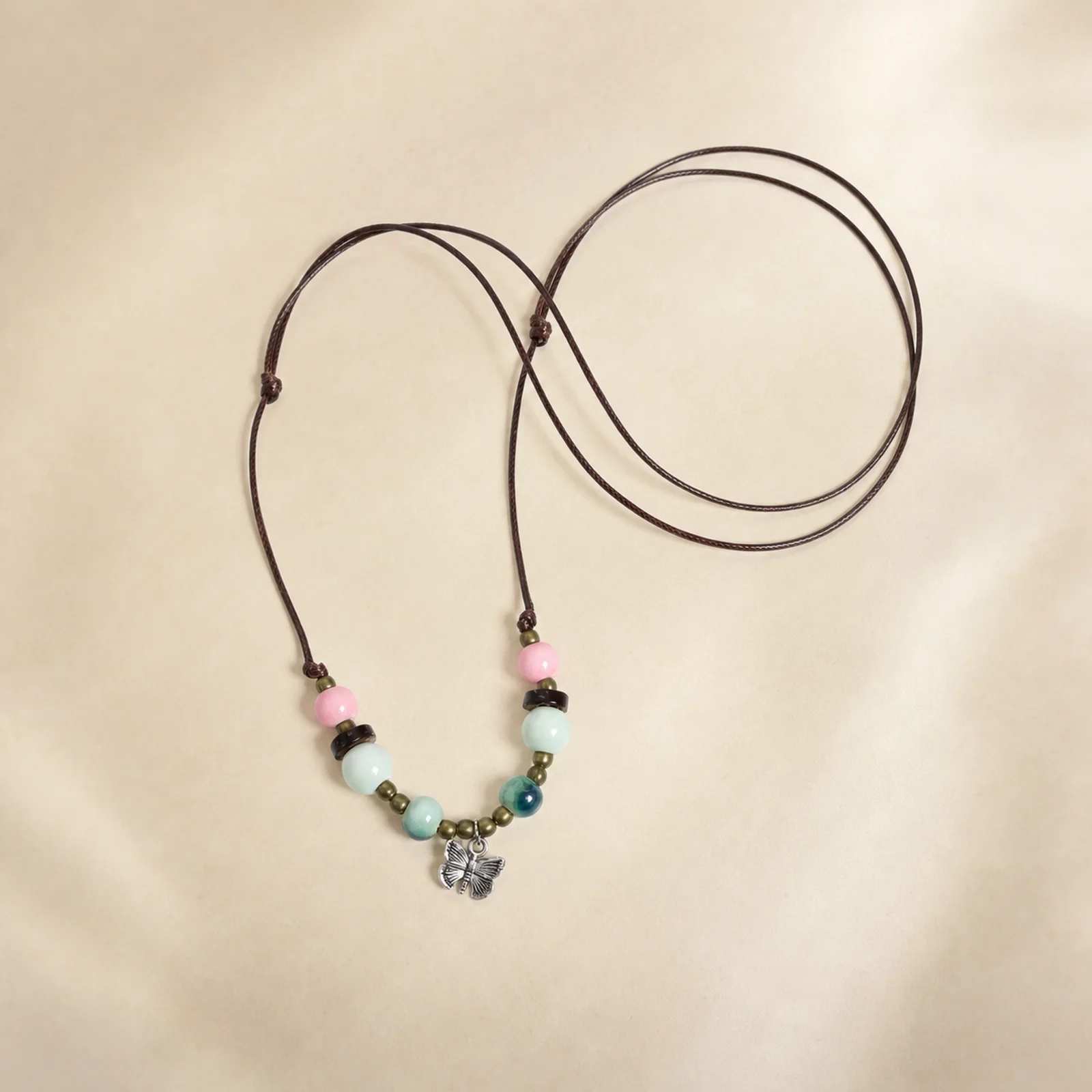Handmade Ceramic Butterfly Necklace with Hand Braided Wax Cord Metal Accents Wooden Beads Adjustable Pendant Y260728-10