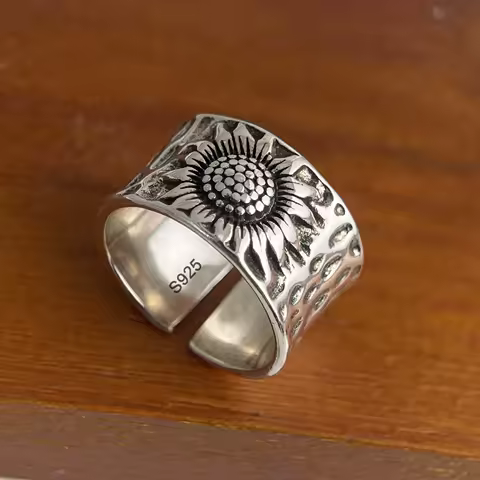 925 Sterling Silver Rings For Women Geometric Fine Jewelry Finger Adjustable Simple Vintage FLower Ring For Party Birthday Gift