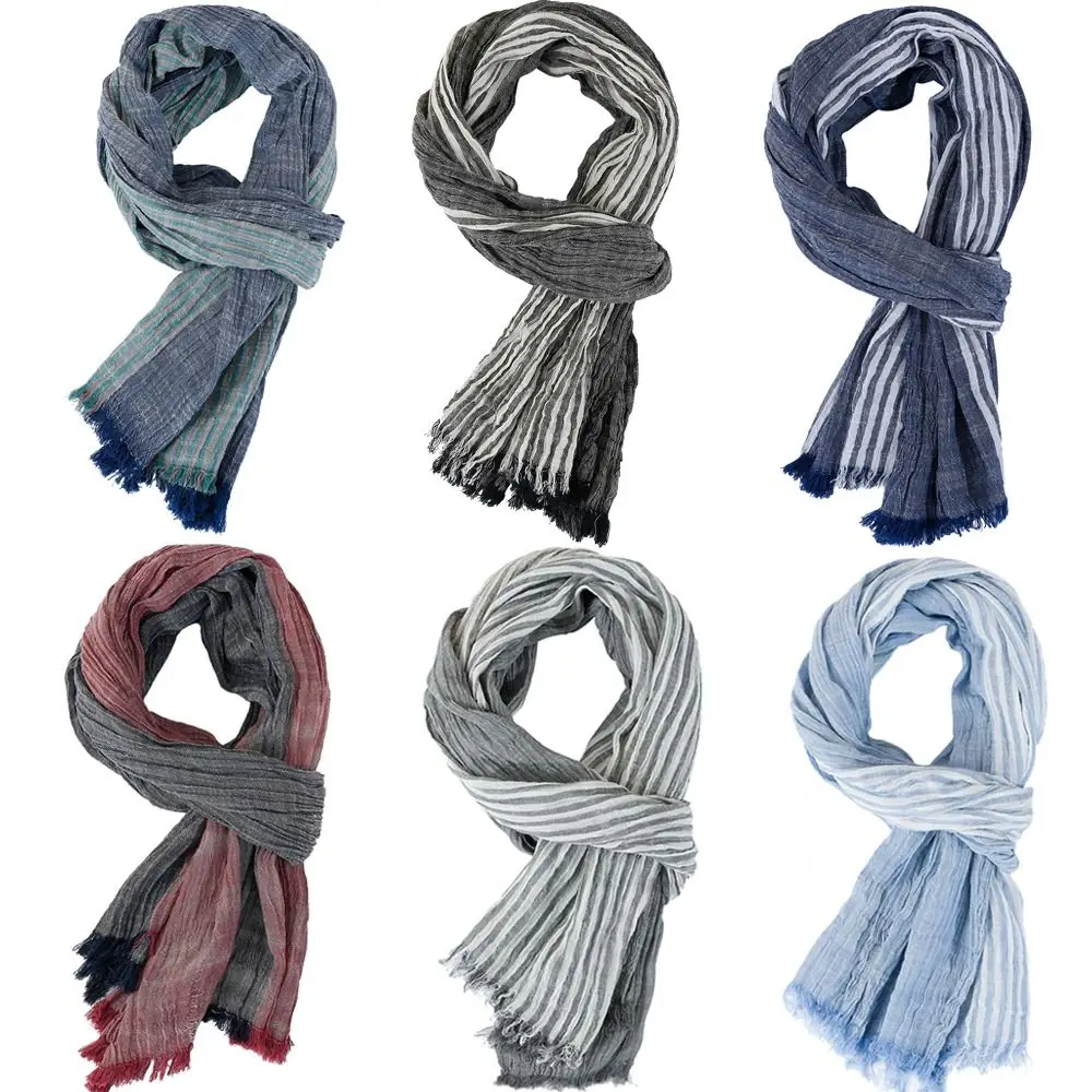 

Luxury Cotton Linen Yarn-dyed Winter Men's Scarf Striped Tassel Long Shawl Soft Thin Neckerchief Wrap Autumn Winter Warm