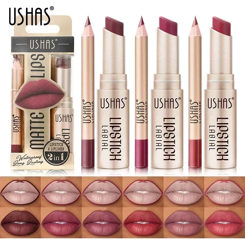 USHAS новая 12-цветная помада, набор подводок для губ, матовая бархатная текстура, водостойкая, увлажняющая, стойкая, не выцветающая, модная губная помада 2 в 1