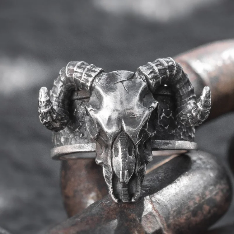 Vintage Punk Style Skull Sheep Head Ring Hip Hop Personalized Motorcycle Opening Adjustable Skull Ornament for Men and Women