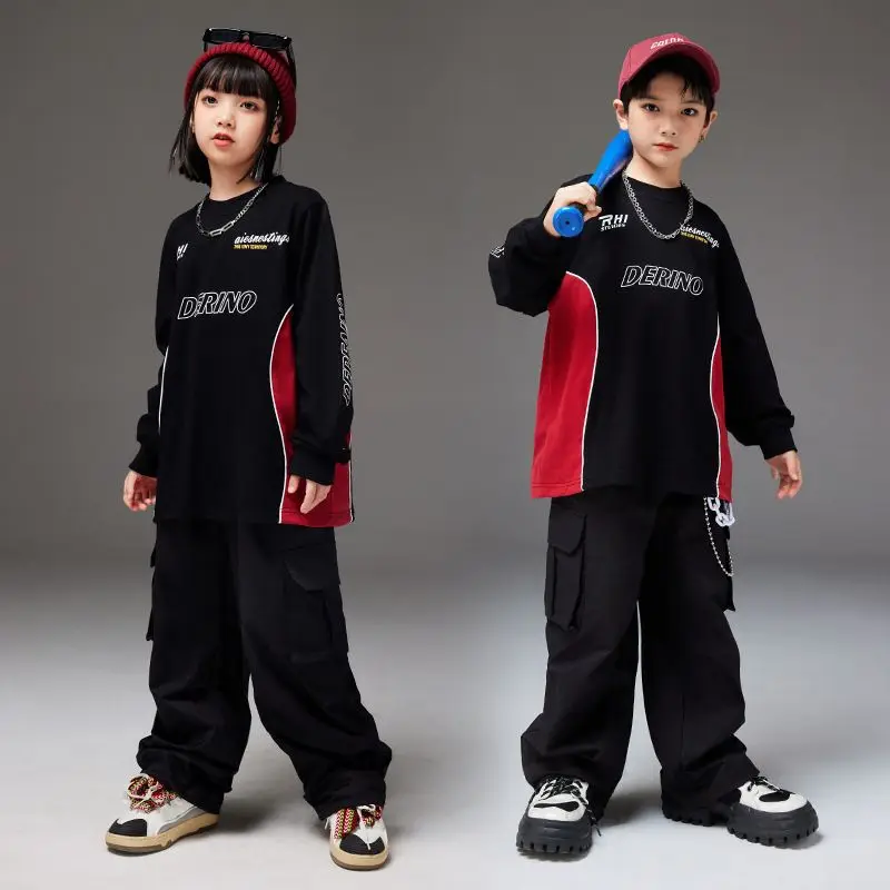 Boys Hip Hop Contrast Sweatshirt Cargo Pants Girls Streetwear Pullovers Joggers Child Street Dance Clothes Set Kids Jazz Costume