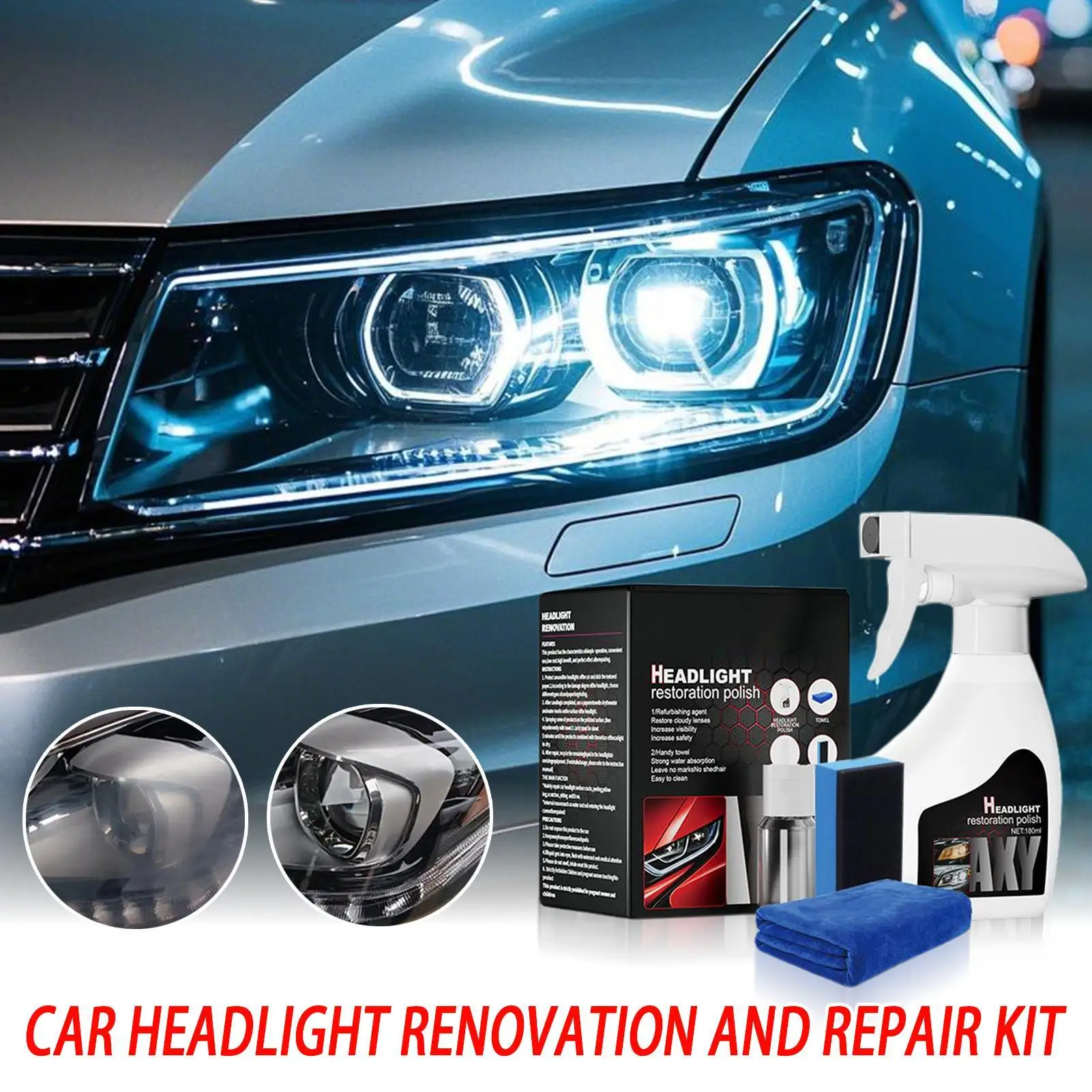 

Комплект для ремонта и ремонта фар автомобиля, 180 мл, очиститель для полировки фар, средство для покрытия, восстановитель пожелтения автомобилей