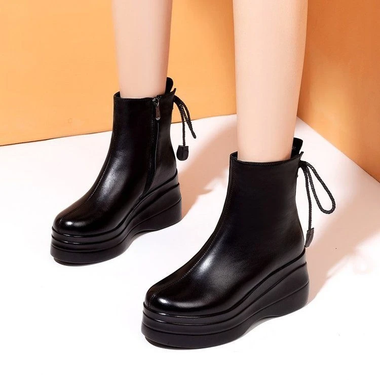 Genuine Leather Women Ankle Boots 2026 Autumn Winter Warm Plush Wedge Heel Platform Short Boots Fashion Trend Shoes