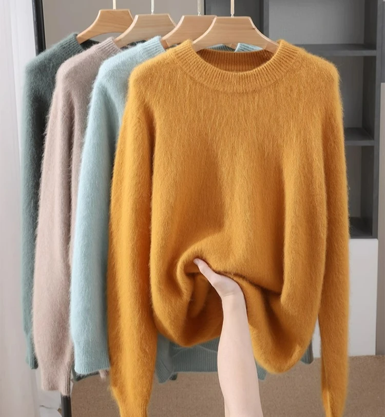 

Autumn and winter 100% pure mink sweater men's semi-turtleneck loose sweater knitted sweater solid color casual bottoming top