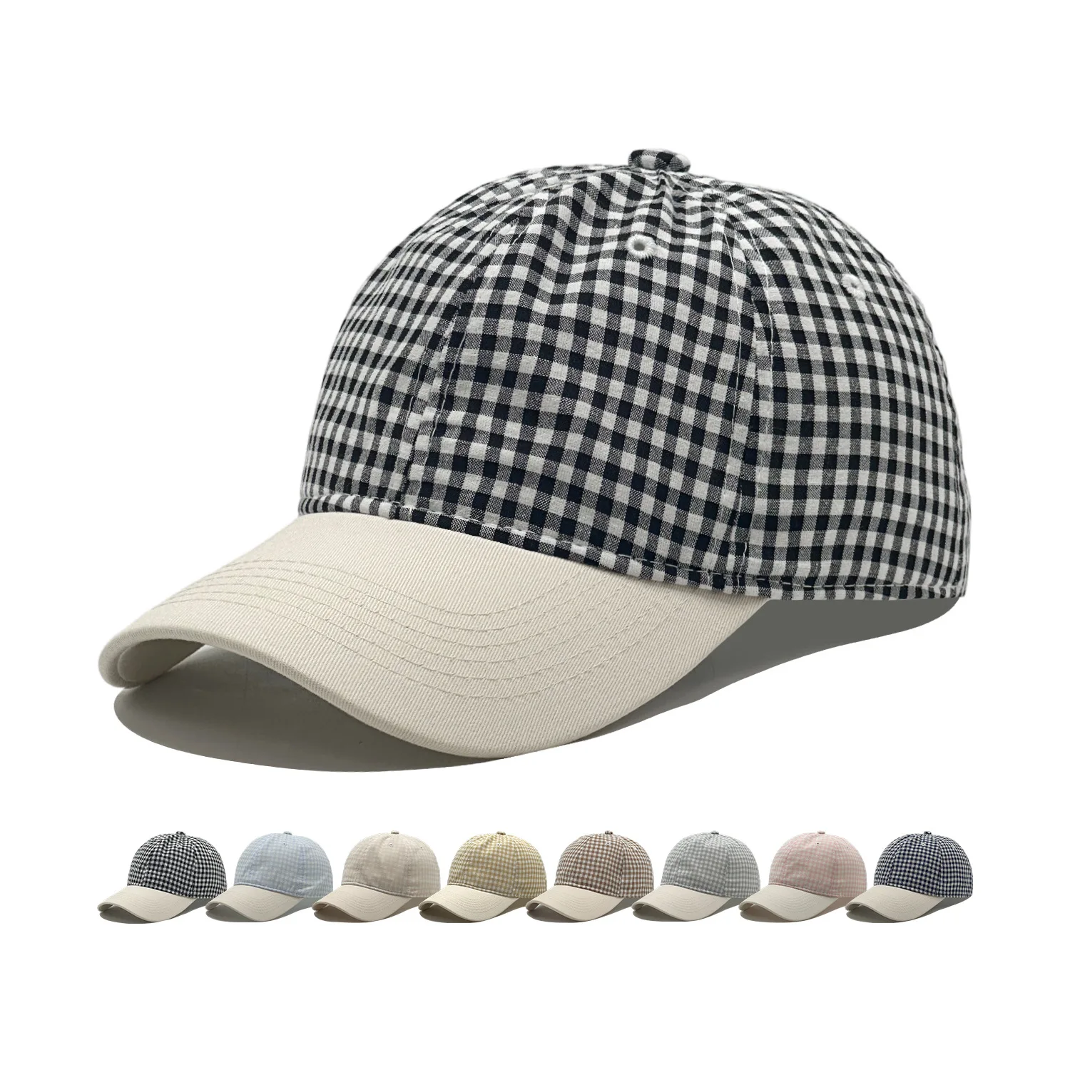 Vintage Washed Plaid Splice Soft Dad Cap Women Checkered Baseball Cap Fresh Sun Hat Adjustable Outdoor Peaked Duckbill Caps