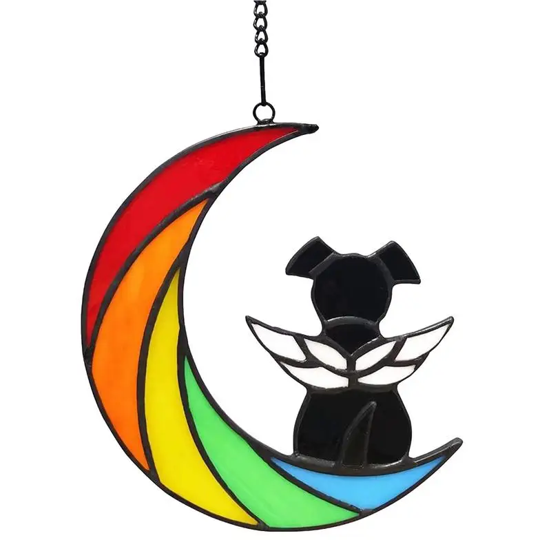 Stained Glass Window Hanging Panel Dog On The Moon Hanging Ornament For Living Room Indoor Outdoor Apartment Home Decor