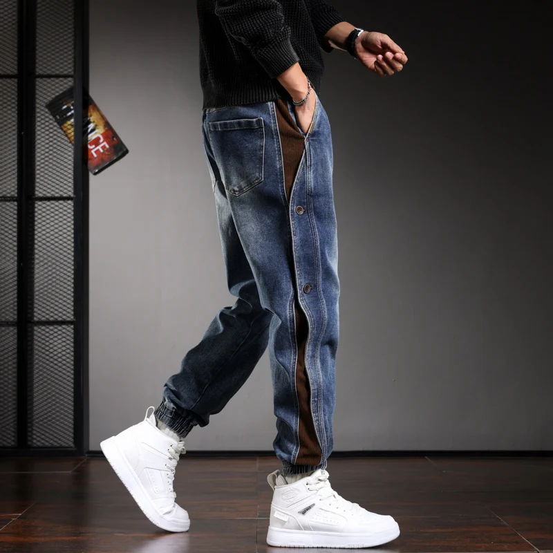 Blue Men's Slim Fit Jeans Elastic High Street Trendy Hip-Hop Fashion Nostalgic Washed Retro Brand Jeans for Hombre