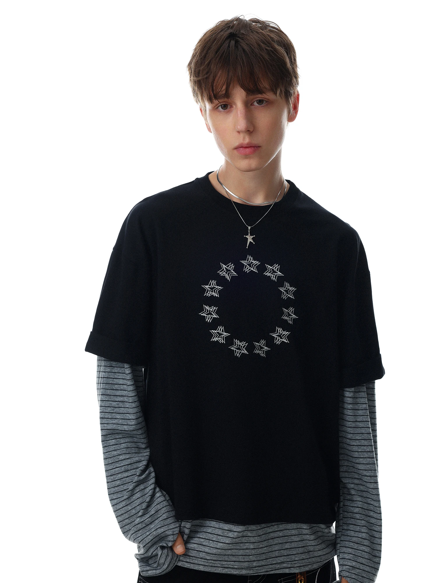 American Retro Striped Patchwork Long Sleeve T-Shirt Men's Spring round Neck Trendy Brand Loose Fit Cotton No Ironing Required