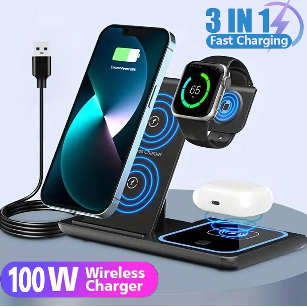 30W LED Fast Wireless Charger Stand 3 in 1 Foldable Charging Station For iPhone 15 14 13 12 11 Apple Watch 9 8 7 6 5 Airpods Pro
