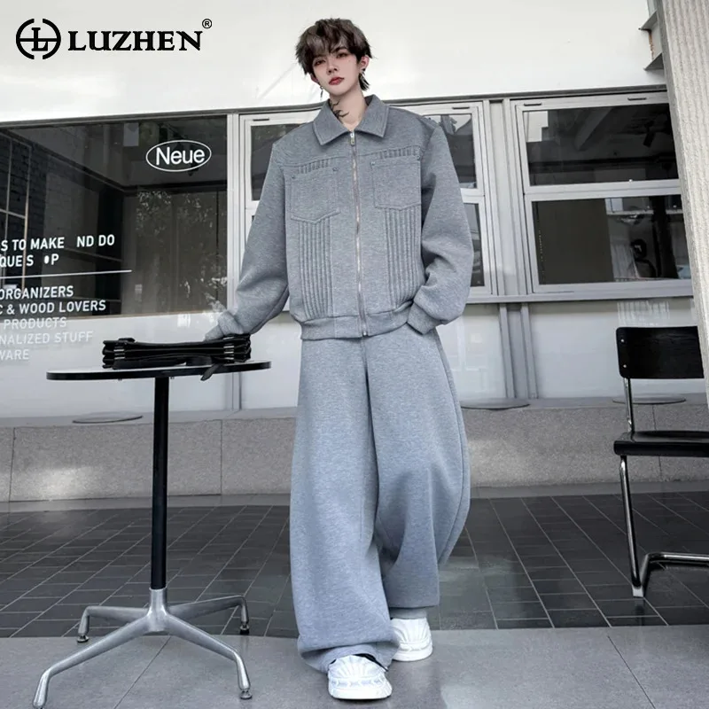 

LUZHEN однотонные комплекты из двух предметов, осень 2024, новая модная плиссированная нишевая дизайнерская куртка, широкие мешковатые повседневные брюки, мужские JY4343