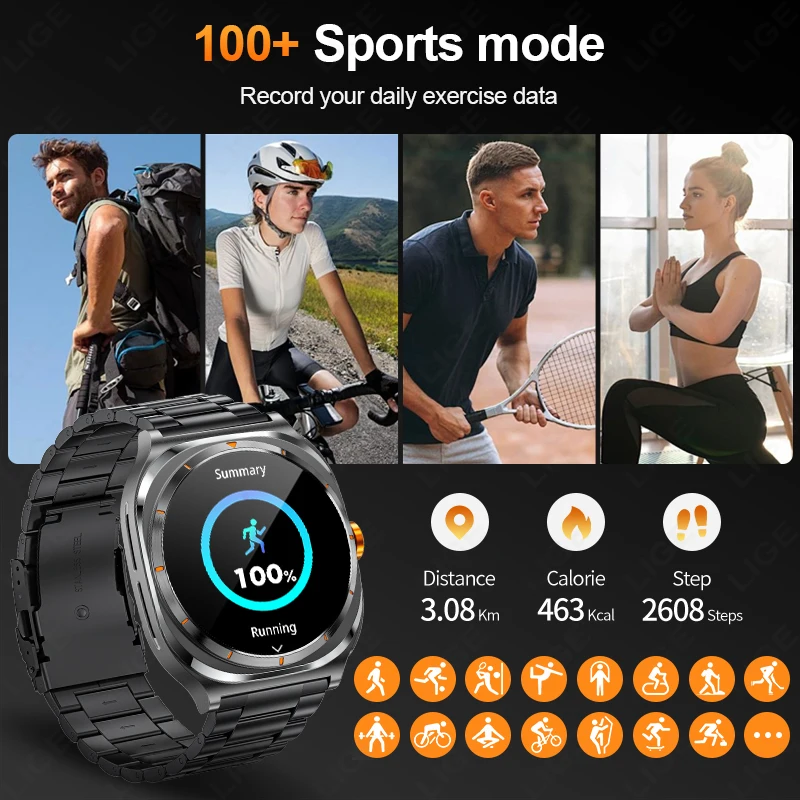 LIGE Nuovo Smart Watch con auricolare wireless TWS 2 in 1 Chiamata Bluetooth Schermo AMOLED da 1.53 "400mAh IP67 Smartwatch sportivo impermeabile