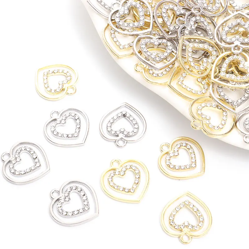 Temperament Double Heart Rhinestones Inlaid Hollow Charms 10pcs Trendy Jewelry Findings Necklace Bracelet Earrings Pendants