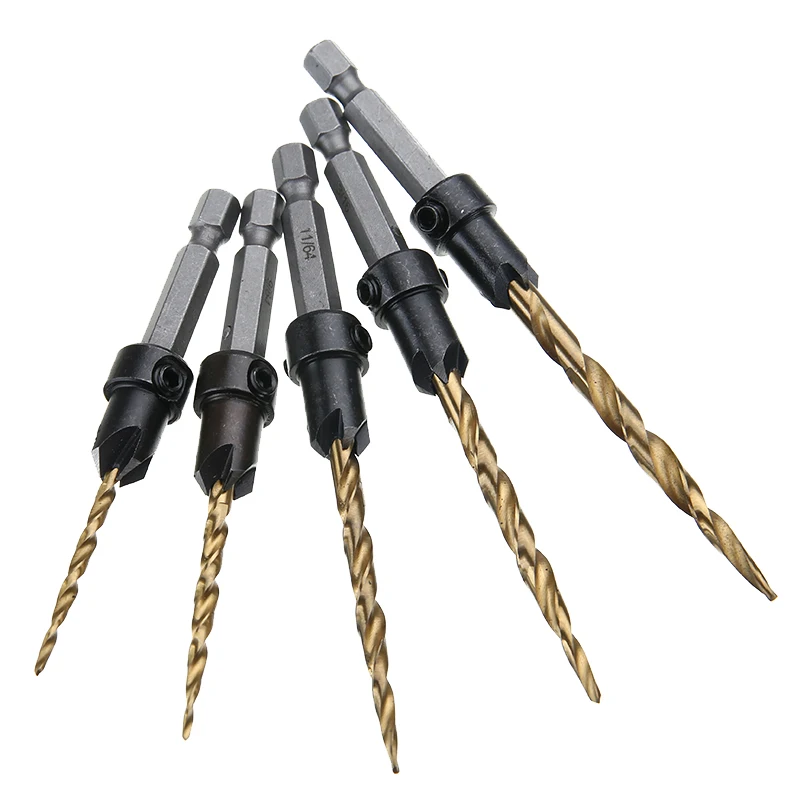 5pcs High-carbon Steel Edger Sink Drill Bit Set HSS Hex Shank Tapered Drill 1/4 Hex Shank Countersink Woodworking Milling Hole