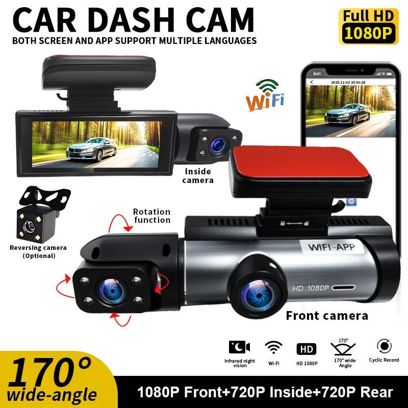 1080P Full HD Car Dash Cam with WiFi APP Control& 170°Front/Inside/Rear 3 Cameras,IR Night Vision, & Loop Recording