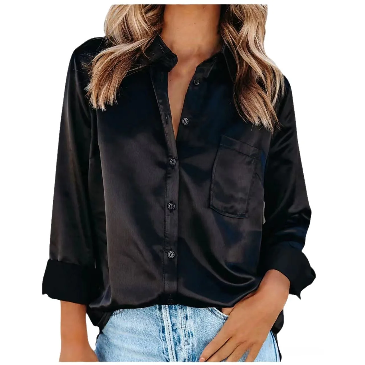 Cardigan ouvert en Fiber de Polyester, chemise mi-longue, élégante, couleur Pure, manches longues, chemise en Satin, col montant