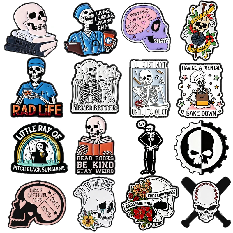

17 Styles Funny Skull Enamel Pins Set Cute Skeleton Brooches Meme Quote Lapel Badges Gift For Women Men