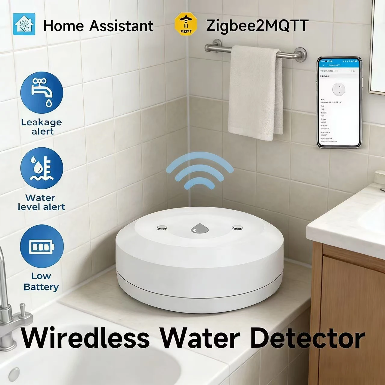 

Датчик протечки воды Zigbee2mqtt Zigbee 3.0, умный датчик затопления, удаленный мониторинг для кухни/ванной, поддержка Home Assistant