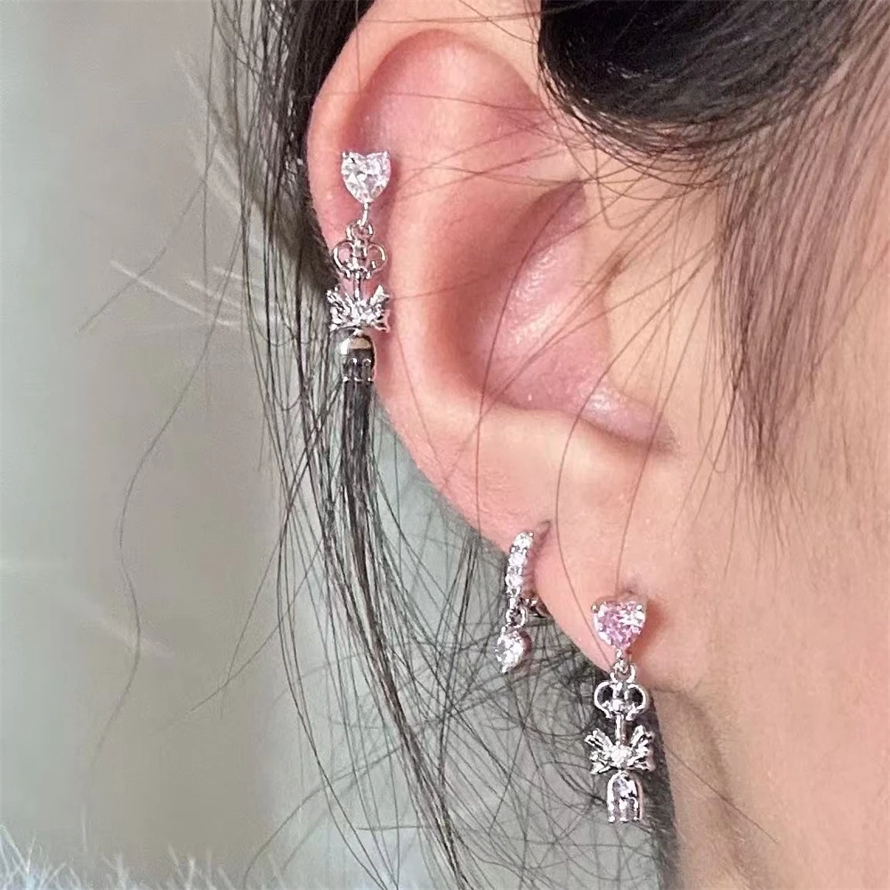 1PCS Sweet Heart Fork Spoon Ear Bone Nail 316L Stainless Steel Bling Zircon Earrings For Women Cartilage Piercing Accessories