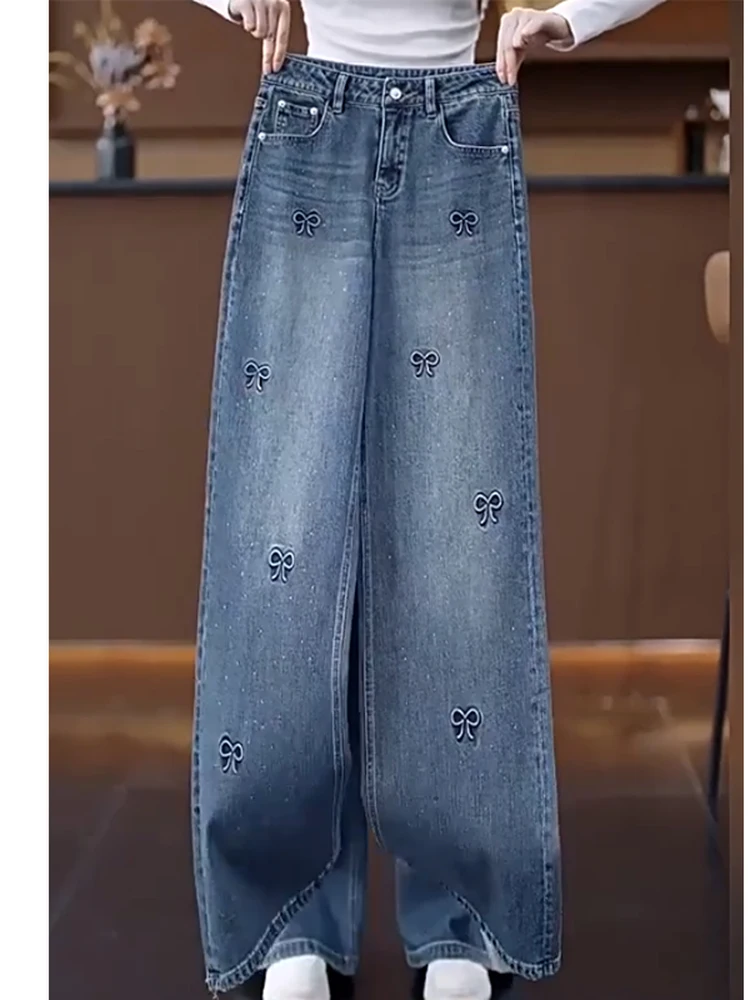 

Широкие джинсы с высокой талией и вышивкой, женские повседневные джинсы, устойчивые к ношению и деформации, узор с узлом на осень