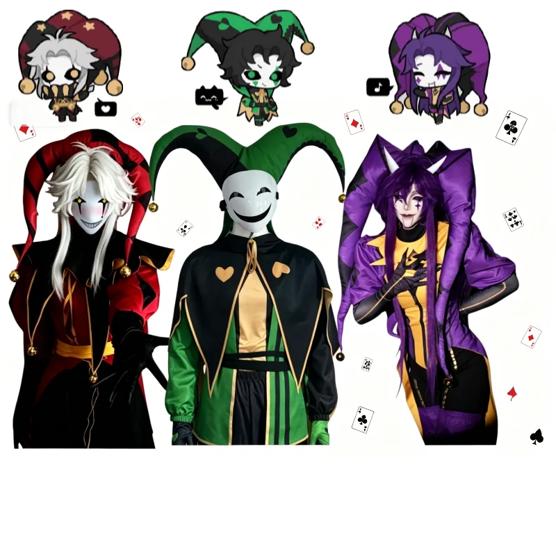 

Freak Circus Pierrot Harlequin Jester Cosplay Costume Full Set Women Man Halloween Cosplay Harlequin Clown Costume Hat