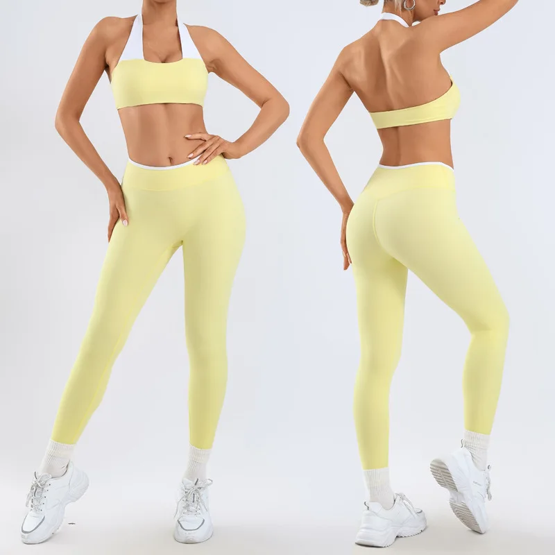 Fashionable and Sexy Nude Contrasting Sports Bra Set, Quick Drying High Waisted Cropped Pants Sports Set 2026