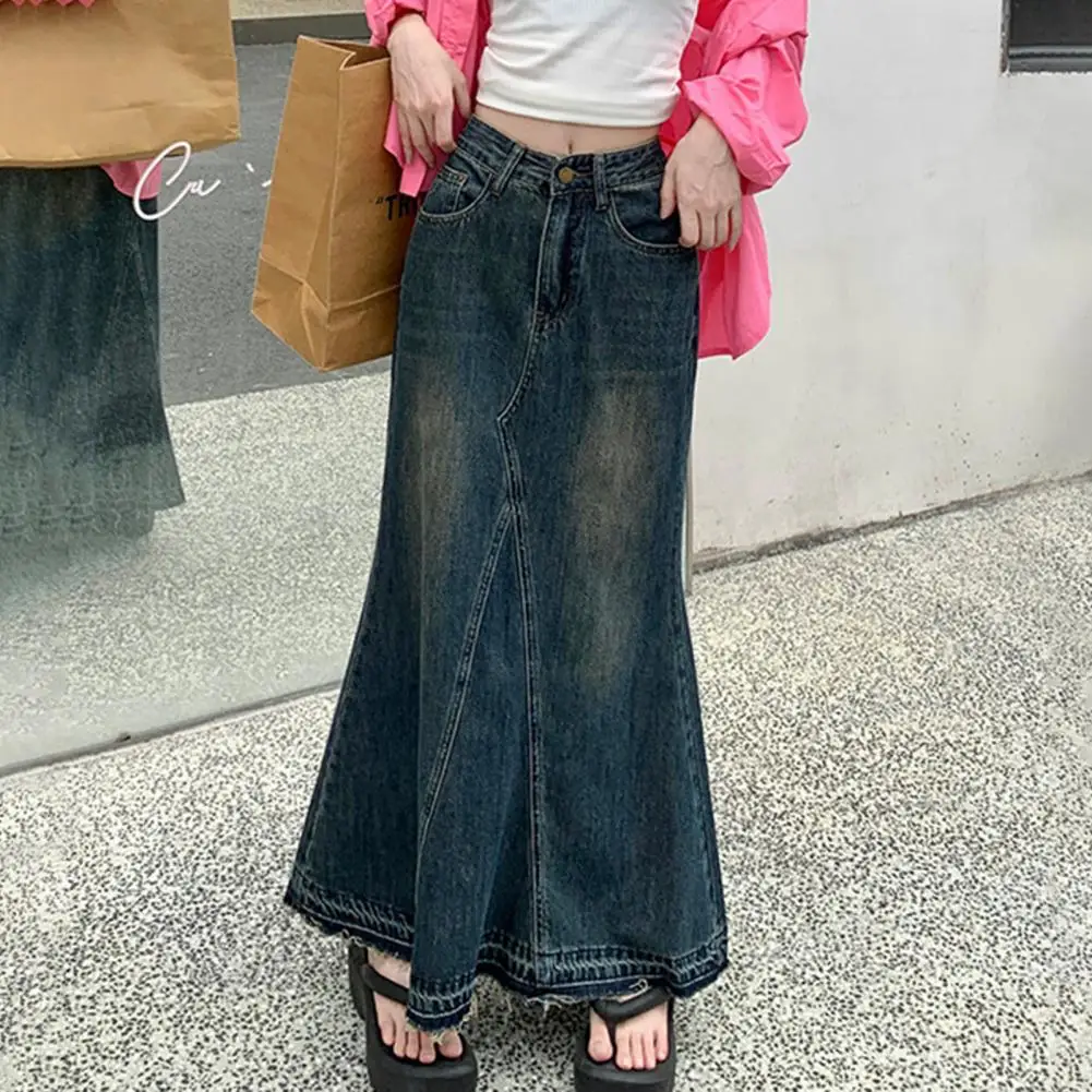 

Retro Skirt Retro Denim Maxi Skirt with A-line Silhouette High Waist Ripped Edge Women's Ankle Length Solid Color Patchwork