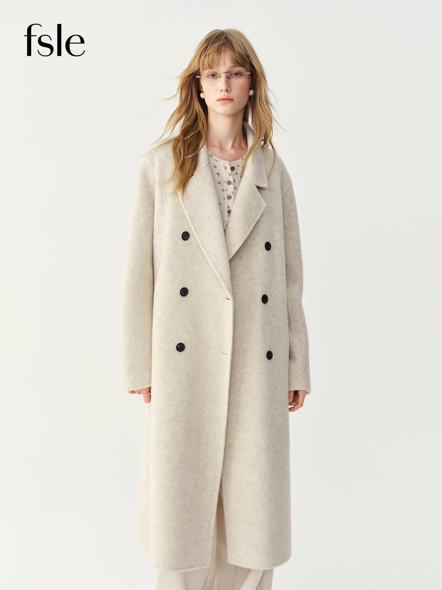 FSLE Women's Alpaca Wool Coat Double-Faced Wool Coat Winter 2026 New Style Long Wool Coat Straight Blazer Collar