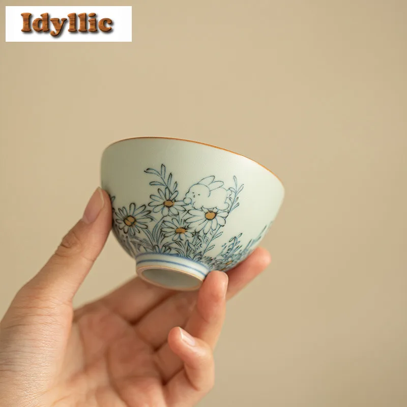 2 قطعة/الوحدة رو كيلن ديزي لطيف أرنب الأزرق والأبيض فنجان الشاي زن وعاء الشاي القدح الشاي تذوق التأمل كوب Jianzhan ماستر أكواب 70 مللي #1