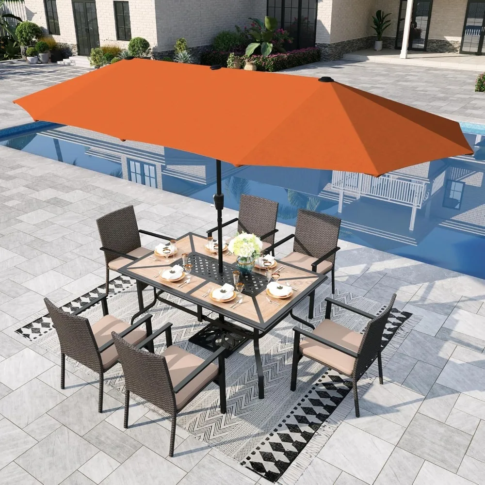 

7 Pieces Outdoor Patio Dining Set, with 13ft Umbrella for 6 People, Patio Table ,Cushioned Rattan Chairs,Garden Furniture Sets