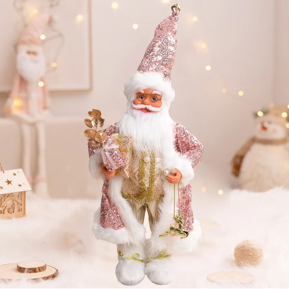 45cm Pink Sequin Santa Claus Figurine Christmas Decoration Santa Doll Statue with Gift Bag For Home Ornament Holiday Party Decor