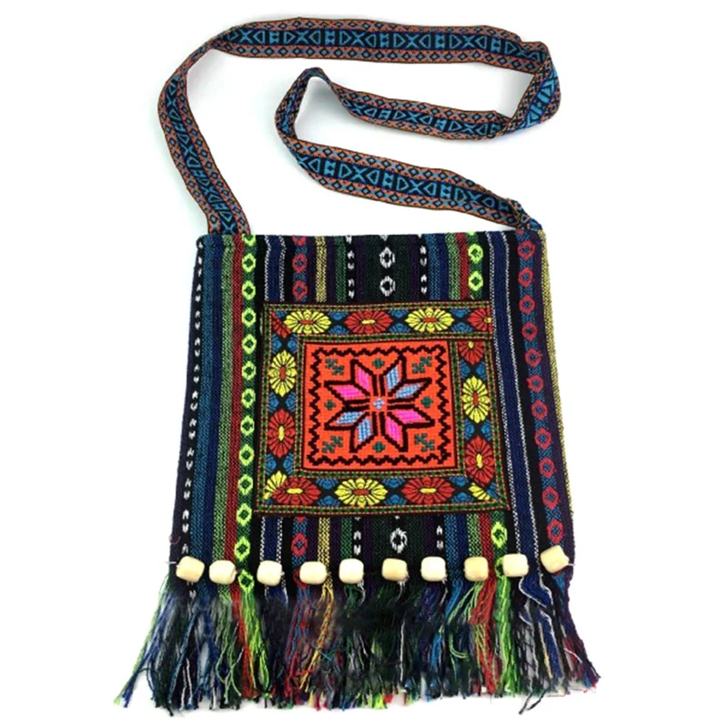 Hmong Tribal Ethnic Purse Thai Indian Boho Shoulder Bag Vintage Message Bags for Women Embroidery Tapestry Tote Tassel Handbags