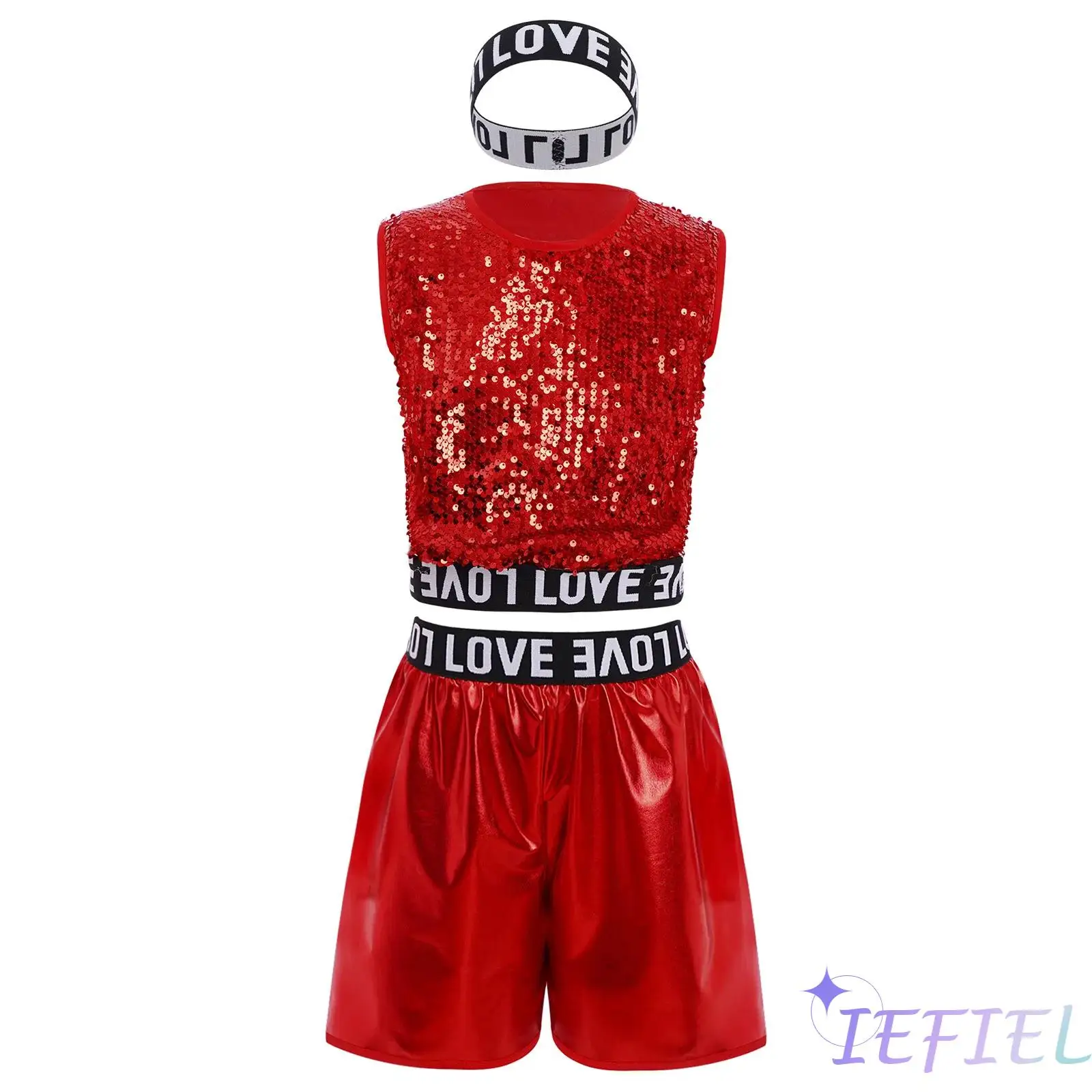 

3Pcs Boys Hip-Hop Jazz Dance Costume Sleeveless Sequins Vest with Letter Printed Elastic Waistband Metallic Shorts And Hairband
