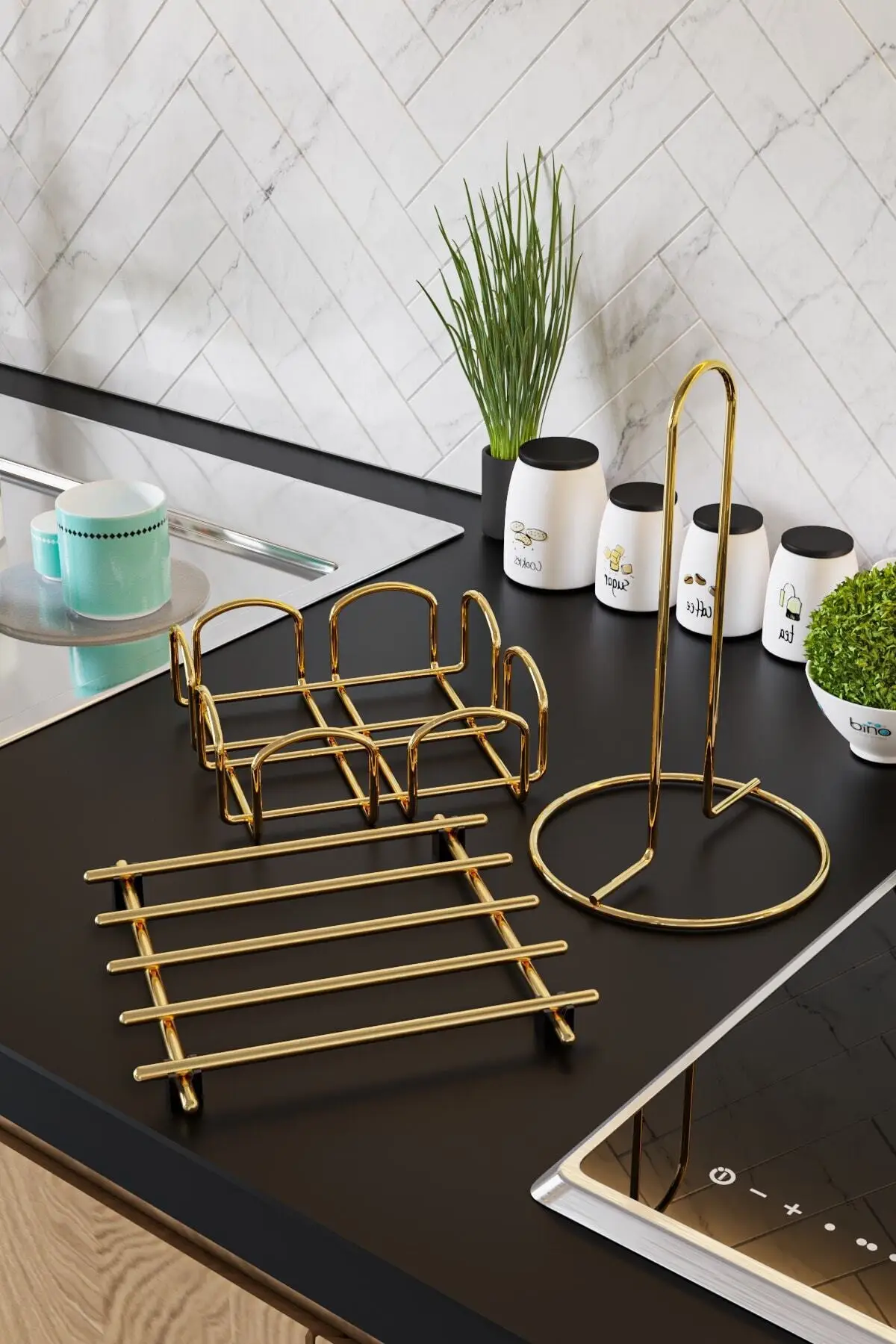 Service Presentation Set Towel rack Napkin Holder Trivet Gold Gold Full Bright Stainless Steel 3 Pcs Kitchen Set, Kitchen Utensil, organizer,