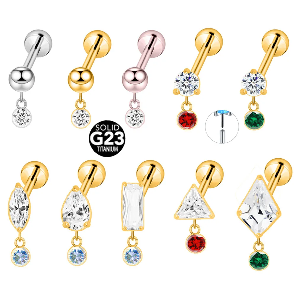 

ASTM F136 G23 Titanium Teardrop Rectangle Marquise Threadless Piercing CZ Pin Push in Lip Stud Daith Conch Earring 16G 18G 20G