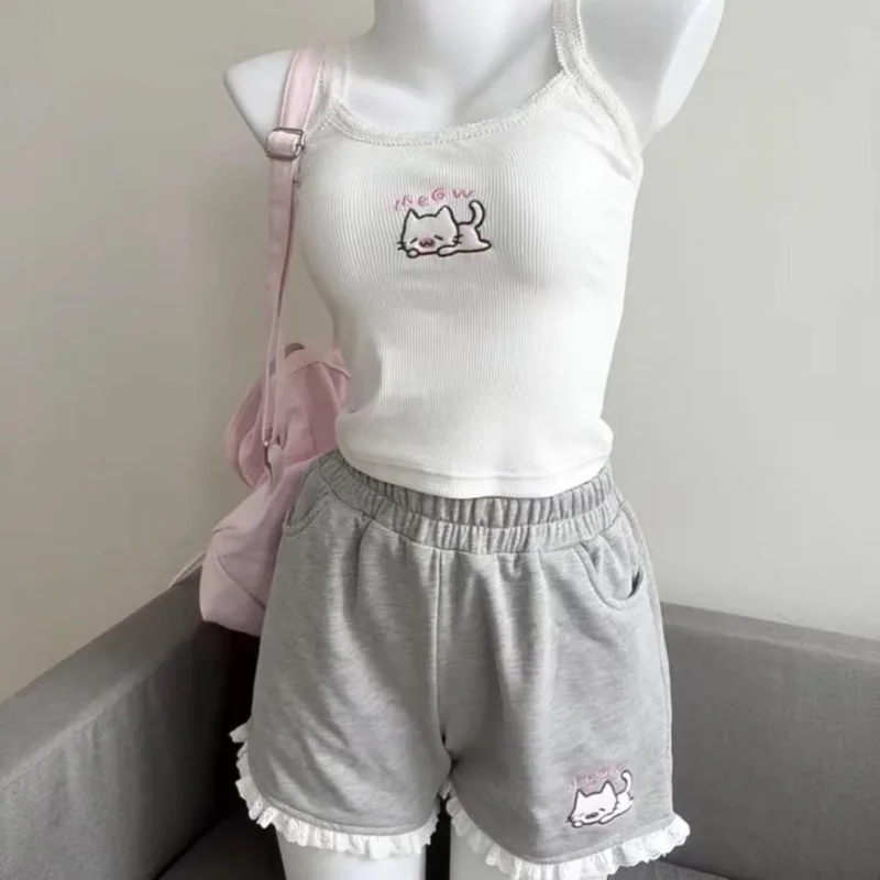 

Embroidery Cat Tops&Tees Top Vest Y2K Sweet Kawaii Japanese Korean JK Tank Top Women's Summer Pure Desire Girl Short Top Tee New
