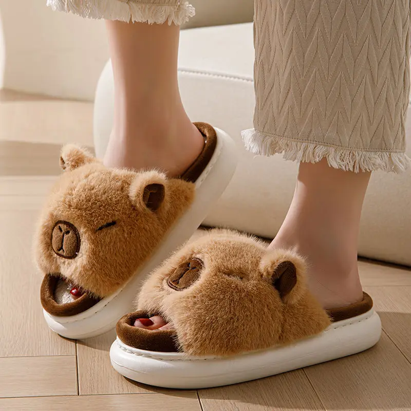 Open Toe Designer Kapibala Slippers Extra Size 44 45 Stereoscopic Animal fur Linen Slides Home Fluffy Spring Autumn Slippers