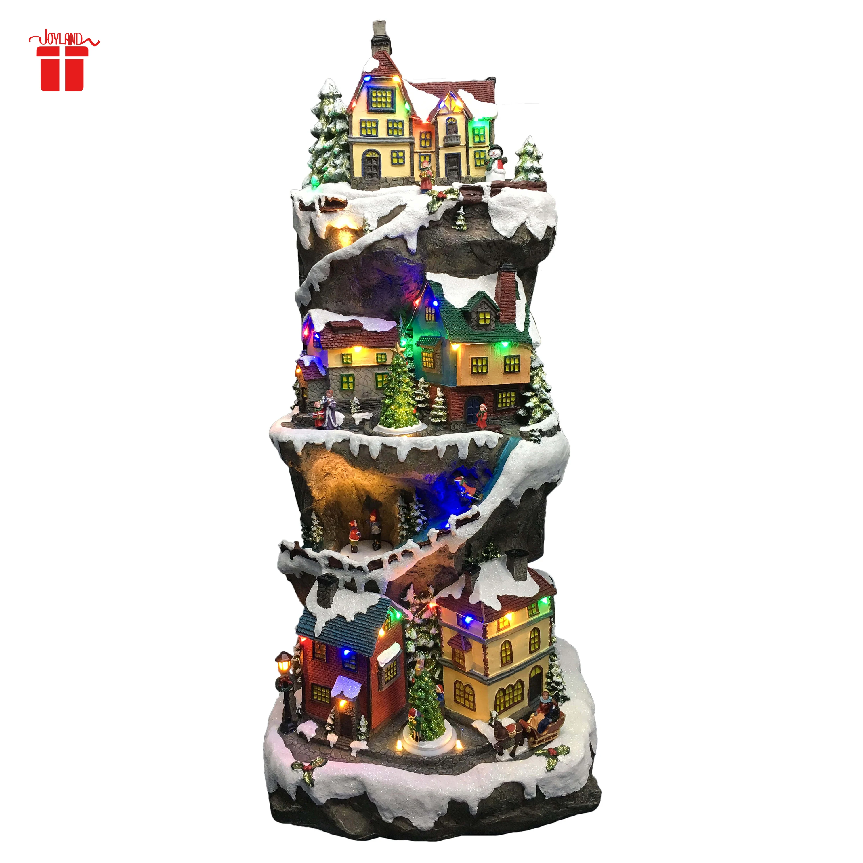 

Heavy Fine Painting Art LED Light Stereoscopic 3D Xmas Village Kids Figurines Moving Skaters Three Scene Tower Christmas House