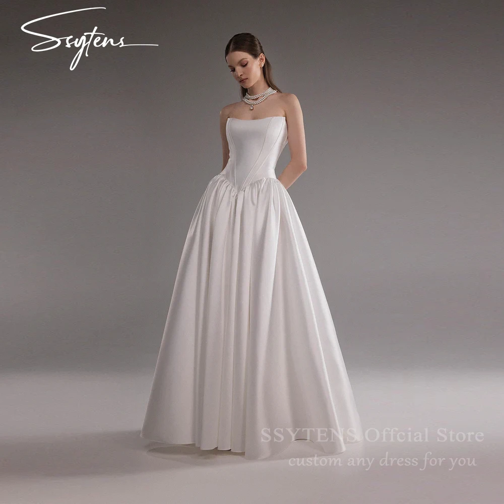 

SSYTENS Attractive Strapless Wedding Dresses for Bride A-line Satin Bridal Gowns Civil Bride Dress Vestidos De Novia Customized