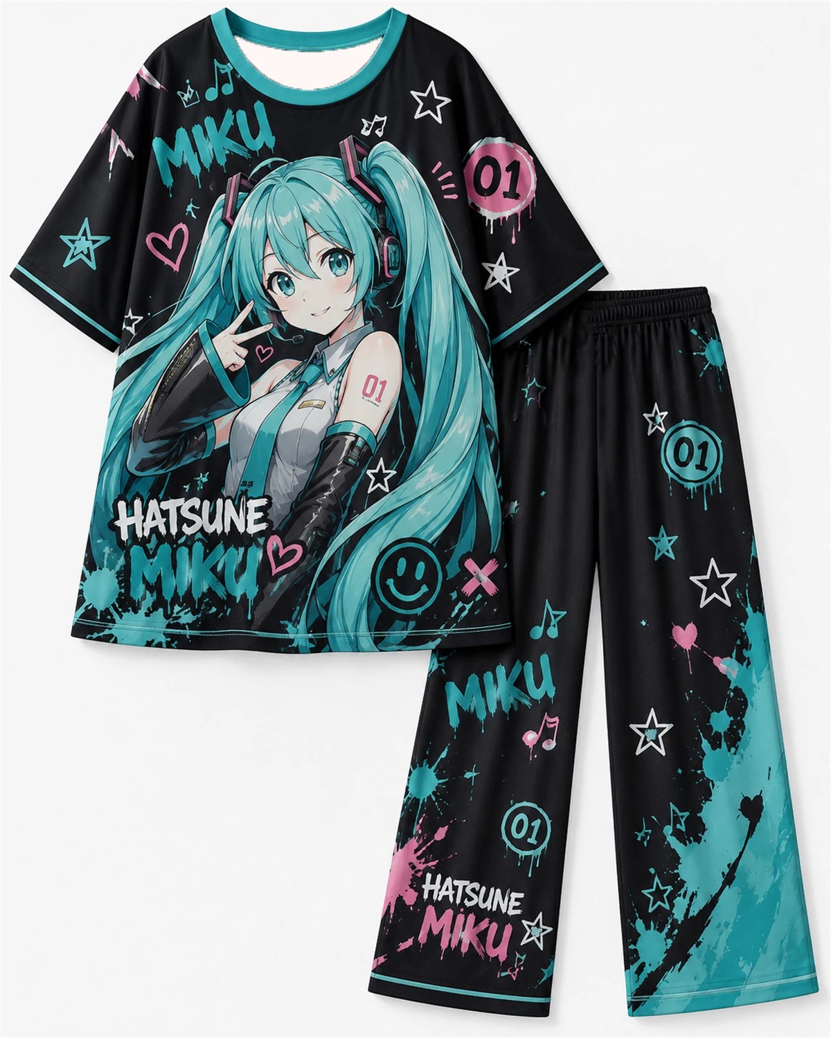 Hatsune Miku Anime Printed Short Sleeve Tops And Casual Long Pants Set Two Piece Home Outfit For Teen Girls Anime Fans