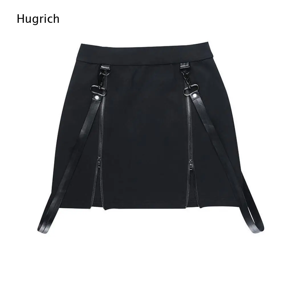 Streetwear High Waist Black Short Skirt Double Vertical Zipper Leather Strap Punk Club Bottoms