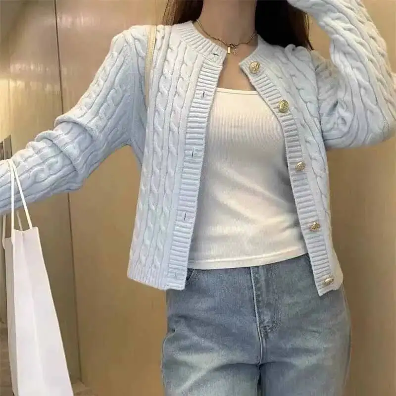الكورية شيك اقتصاص سترة سترة للنساء بسيطة كل مباراة الياقة المستديرة تويست سترة مشغولة من الصوف الخريف الشتاء أزرار تريكو