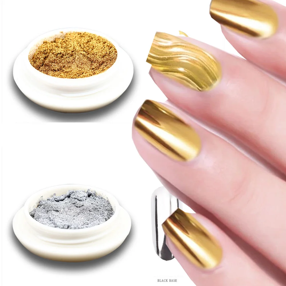 2Jar الذهب والفضة لامع تأثير مسمار مسحوق أحمر/أخضر مرآة سحرية مسمار بريق فرك الغبار الكروم الصباغ مانيكير الديكور