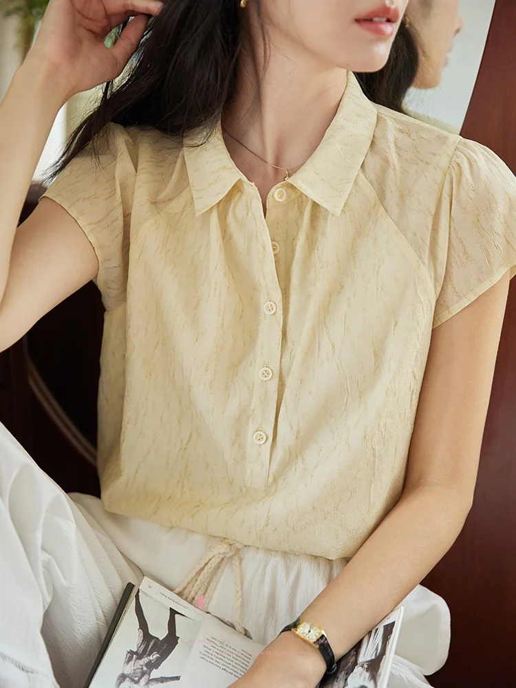 

Женский летний винтажный топ Moriirose Yellow с отложным воротником на пуговицах, свободного кроя