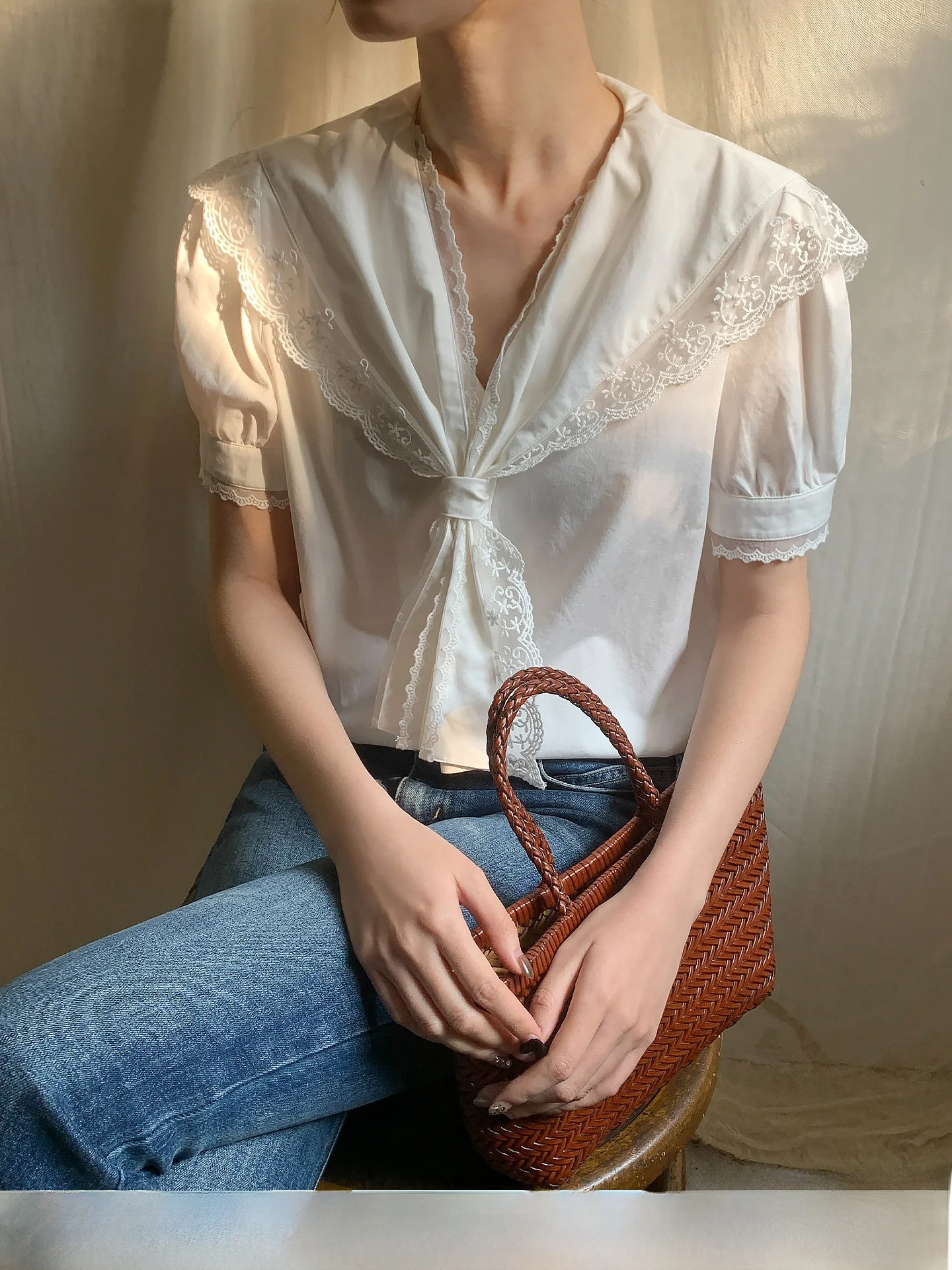 

Elegant Loose Women's Shirt XXNING Summer Cotton Bubble Sleeve Shirt Fluffy Ribbon Design Breathable Skin-Friendly Top