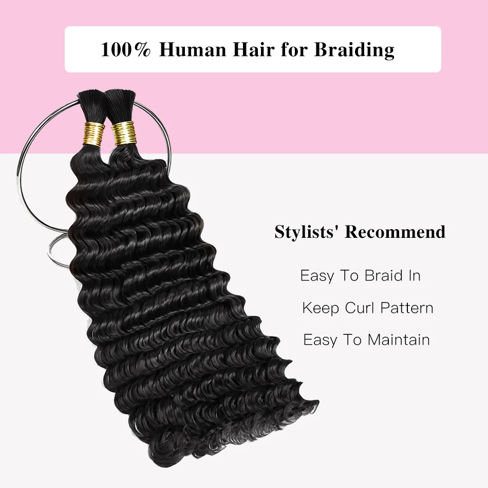 Deep Wave Human Braiding Hair for Boho Braids Crochet Bulk Extensions for Bohemian Knotless Braids No Weft Hair for Wholesale
