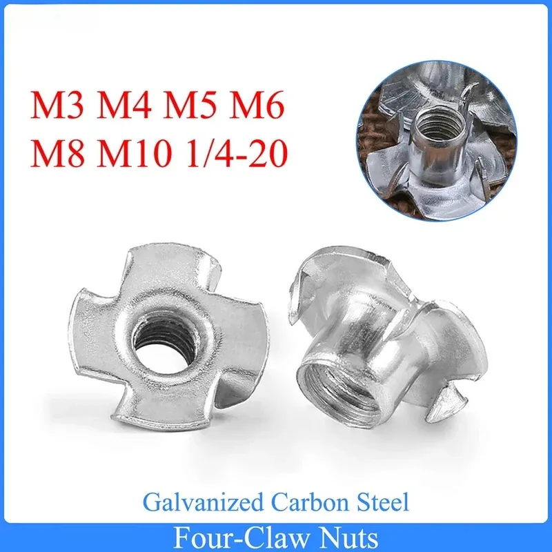 

Galvanized Four-Claw Nuts M3 M4 M5 M6 M8 M10 1/4-20 Carbon Steel Four-Point Impact Nuts Insert T-Nut for Wood Furniture Hardware