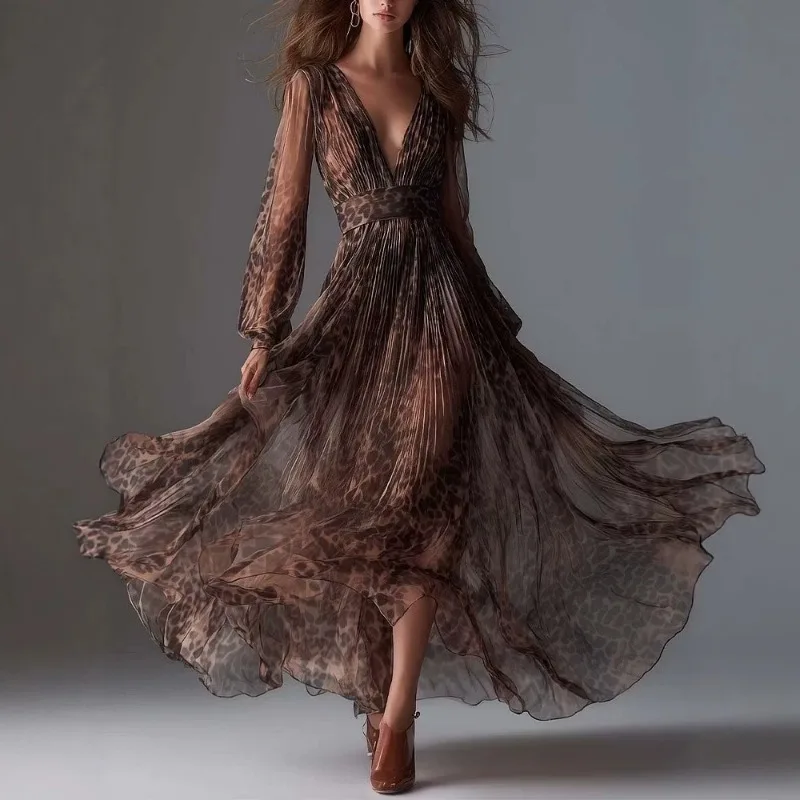Women Leopard Print Chiffon Maxi Dress Deep V Neck Pleated Long Sleeve Flowy Evening Dress