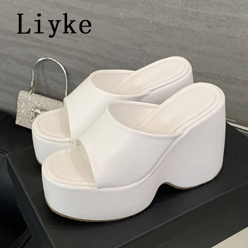 Liyke, zapatillas de cuña con plataforma de cuero blanco y negro para mujer, sandalias de tacón súper alto con punta abierta y parte inferior gruesa de 6,5 CM, zapatos femeninos