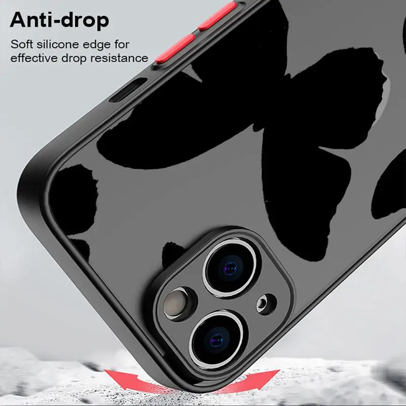 Butterfly Printed Case for Apple iPhone 15 11 14 13 12 Pro 7 XR X XS Max 8 Plus 6 6S SE 2022 15Pro Black Matte Phone Funda